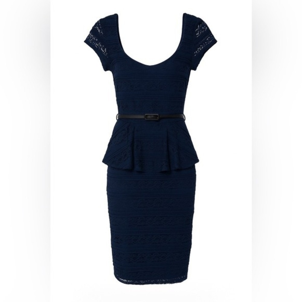 NWT Love Reign Navy Lace Peplum Cocktail Dress Large Belted Wedding Guest